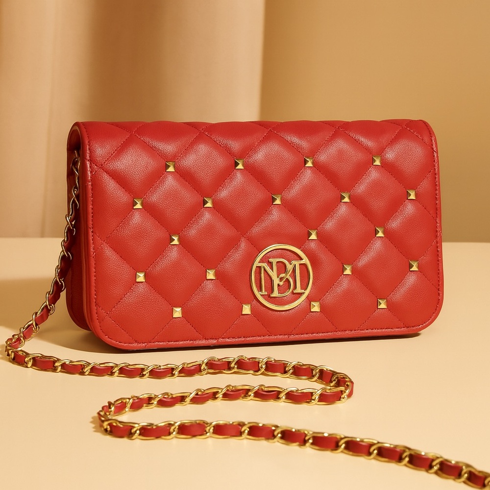 Badgley Mischka Red Diamond Quilted Crossbody Bag with Gold Studs Vegan Leather